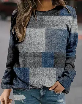 Осень-Зима, Женский свитер в клетку со свободным принтом, с длинным рукавом и круглым вырезом, Женские повседневные топы большого размера, Модный Свободный пуловер