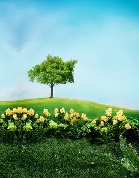 Пейзаж Зеленая трава Дерево Цветы Фотофоны Реквизит для фотосъемки студийный фон 5x7 футов