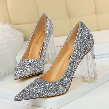 Пикантные женские вечерние туфли на блочном каблуке, прозрачные туфли-лодочки на высоком каблуке, расшитые блестками, Женские свадебные туфли-лодочки с острым носком, женские новые