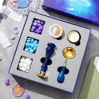 Подарочная коробка серии лаковых наборов Blue Whale с 3-цветными восковыми частицами подсолнечного лака и головками печатей различной формы