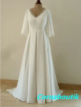 Простое свадебное платье Свадебные платья BD-025 с V-образным вырезом и кружевными рукавами Свадебное платье с V-образным вырезом сзади Robe De Mariee Mariage