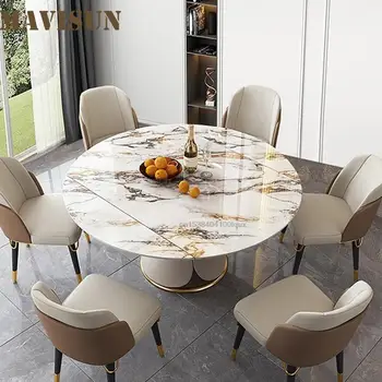 Раздвижные столы в скандинавском стиле С поворотным столом Кухонная Роскошная Мелкая Бытовая мебель Мраморный Круглый Обеденный стол, набор из 6 стульев