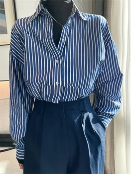Рубашки в синюю полоску для женщин, весна 2023, Корейские свободные топы с отложным воротником и длинными рукавами на пуговицах, повседневные блузки