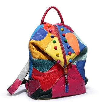 рюкзак унисекс из натуральной кожи, материал rianbow, черный цвет для девочки, дорожная сумка в стиле пэчворк снаружи