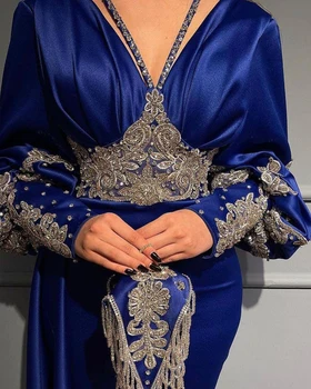 Синие кружевные вечерние платья Русалки с аппликацией, арабские платья с длинными рукавами, атласные вечерние платья для выпускного вечера в Дубае, платья знаменитостей Vestido