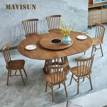 Скандинавские стулья для кухни, Выдвижной Круглый обеденный стол из массива дерева с поворотным столом, Современная простая мебель для столовой