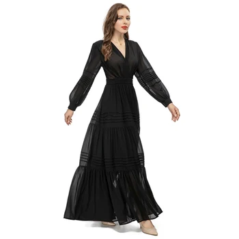 Сложенный V-образный вырез, длинный рукав, плиссированная Завышенная талия, драпированное Черное элегантное осеннее платье длиной до пола S - XXL