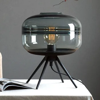 Современная американская стеклянная настольная лампа креативная прикроватная лампа для спальни коричневый синий серый стеклянный абажур лампа железный кронштейн настольная лампа для чтения