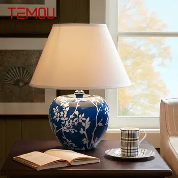 Современная синяя керамическая настольная лампа TEMOU Креативная винтажная светодиодная настольная лампа для декоративного дома Гостиная Спальня Прикроватная тумбочка