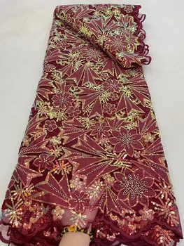 Тяжелая элегантная бархатная кружевная ткань с французскими пайетками 2023, высококачественная Африканская тюлевая кружевная ткань с бисером для вечернего платья в нигерийском стиле