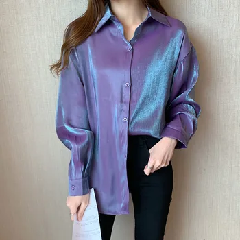 Фиолетовые женские свободные осенние рубашки с длинными рукавами Женская демисезонная модная простая рубашка на пуговицах Универсальная шикарная блузка Женская