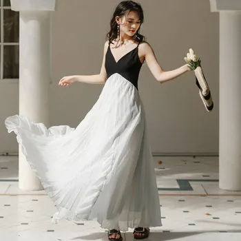 Французское черно-белое лоскутное сексуальное платье на подтяжках с V-образным вырезом и открытой спиной, женское летнее платье с высокой талией, тонкое длинное платье Super Fairy q611