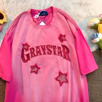 Хлопковая футболка с вышивкой звездного алфавита в американском стиле в стиле ретро, мужская и женская футболка с градиентом Dragon Fruit, пара футболок с коротким рукавом