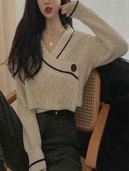 Черно-белая строчка, вязаный кардиган с V-образным вырезом свободного кроя, корейский модный уличный топ Y2K Harajuku, короткий винтажный свитер